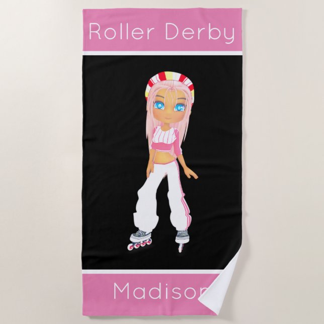 Girls Roller Derby Personalised Beach Towel (Front)