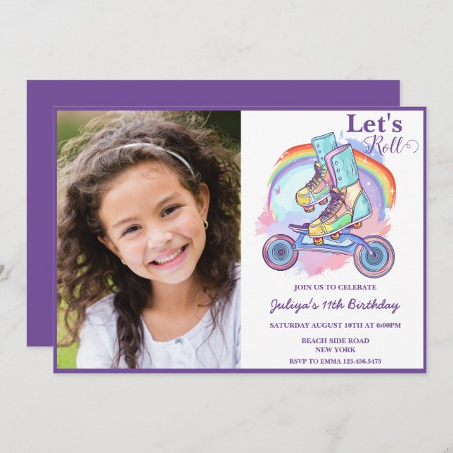 Girls Roller Skating Photo Birthday  Invitation (Front/Back)