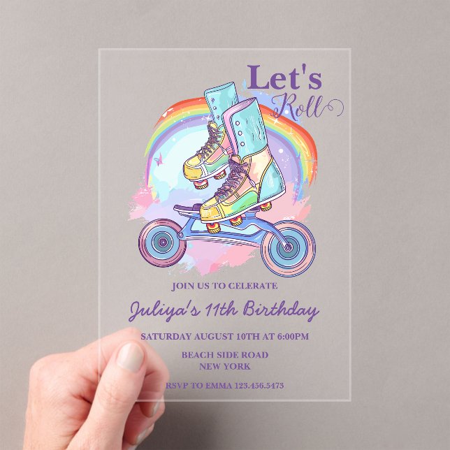 Girls Roller Skating purple Birthday Party Acrylic Invitations (Insitu (Handheld))