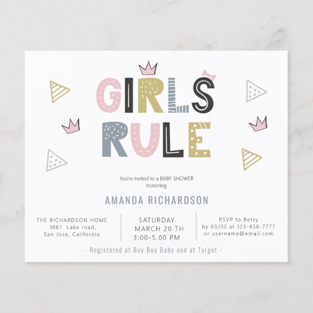 Girls Rule  Abstract Watercolor Budget Baby Shower (Front)