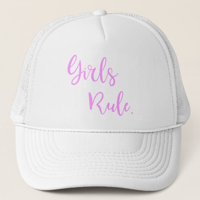Girls Rule Inspirational Pink Text White Trucker Hat (Front)