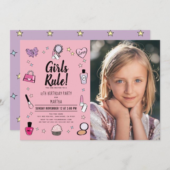 Girls Rule Makeup Spa Slumber Pink Photo Birthday Invitation (Front/Back)