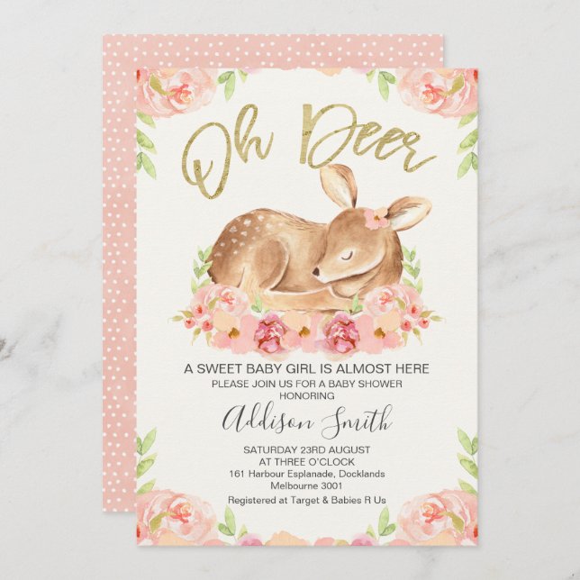 Girls Rustic Floral Deer Baby Shower Invitation (Front/Back)