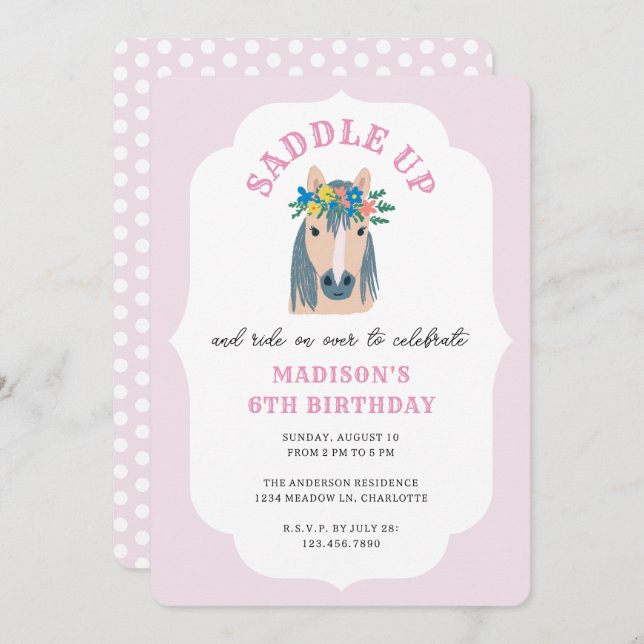 Girls Saddle Up Pink Pony Horse Birthday Invitation (Front/Back)
