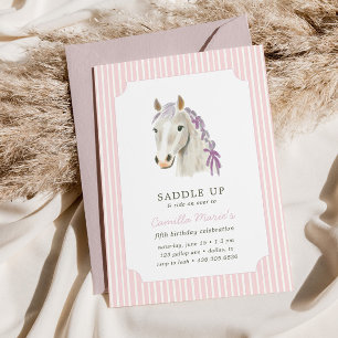Girls Saddle Up Preppy Pony Horse Pink Birthday  Invitation