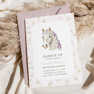 Girls Saddle Up Preppy Pony Horse Pink Birthday  Invitation