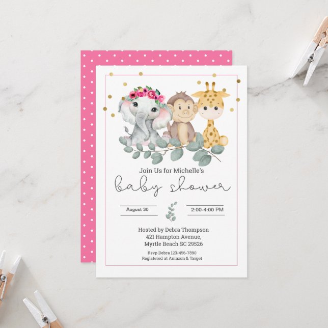  Girls Safari Animals and Greenery Baby Shower    Invitation (Front/Back In Situ)