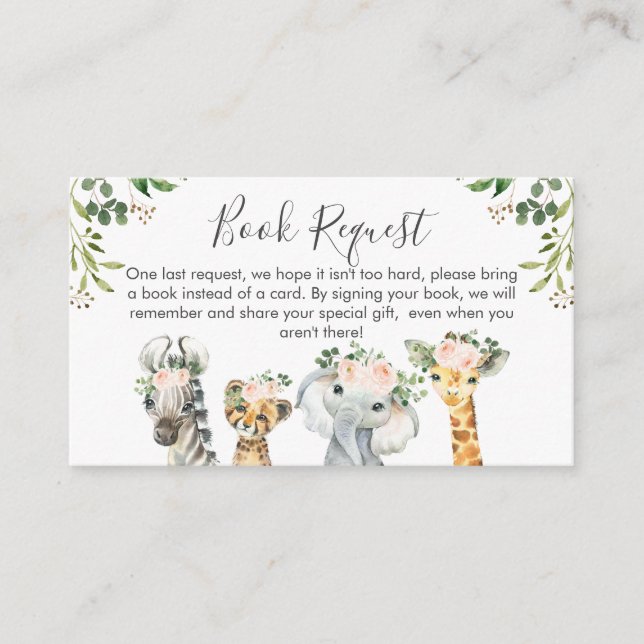 Girls Safari Animals  Book request Card Insert (Front)