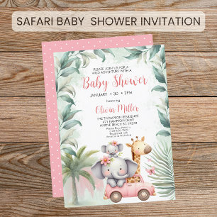 Girls Safari Animals Floral Tropical Baby Shower Invitation