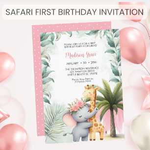 Girls Safari Animals Floral Tropical Birthday Invitation