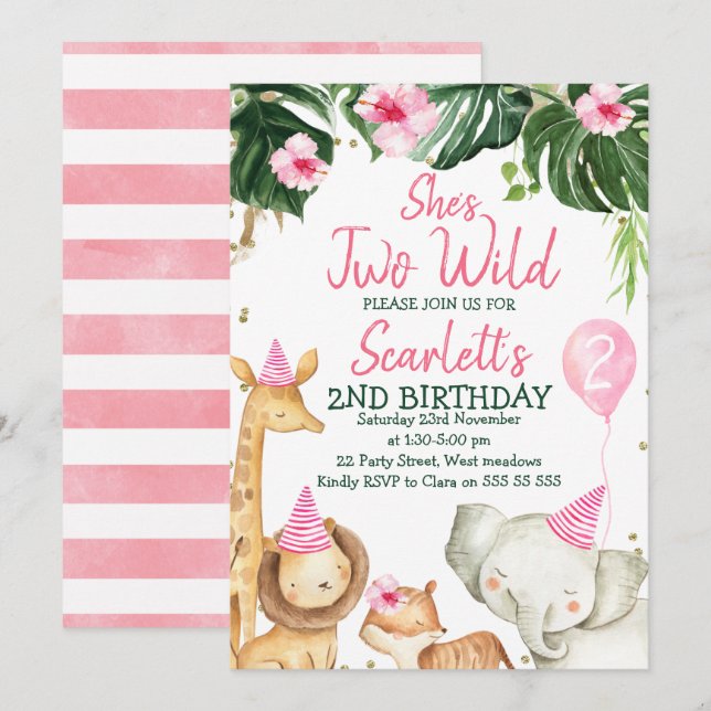 Girl's Safari Animals She's Two Wild Birthday Invitation (Front/Back)