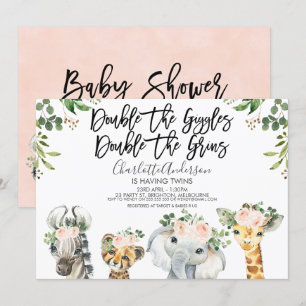 Girls Safari Animals Twins Baby Shower Invitation