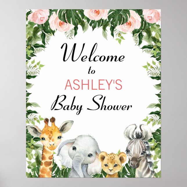 Girls Safari Floral Baby Shower Welcome Poster (Front)