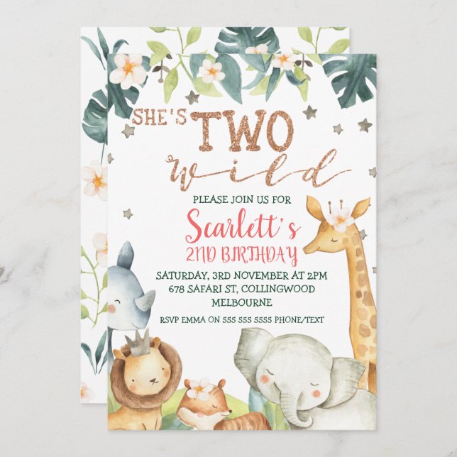 Girl's Safari She's Two Wild Birthday Invitation (Front/Back)