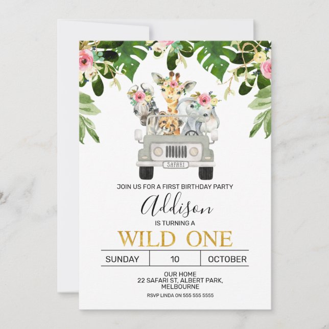 Girls Safari Wild One Birthday Invitation (Front)