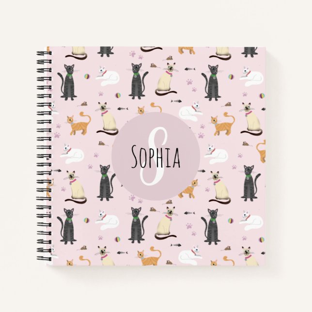 Girls School Cute Pink Cat Pattern Monogram Notebook (Front)