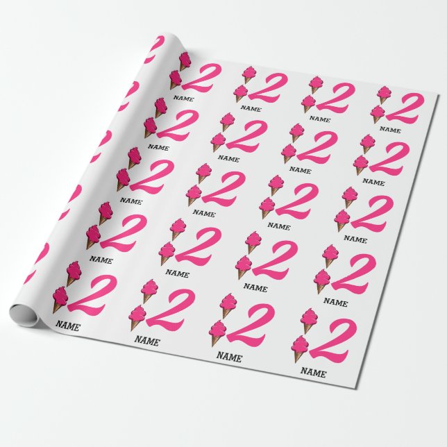 Girls Second Birthday Party Pink Ice Cream Wrapping Paper (Unrolled)
