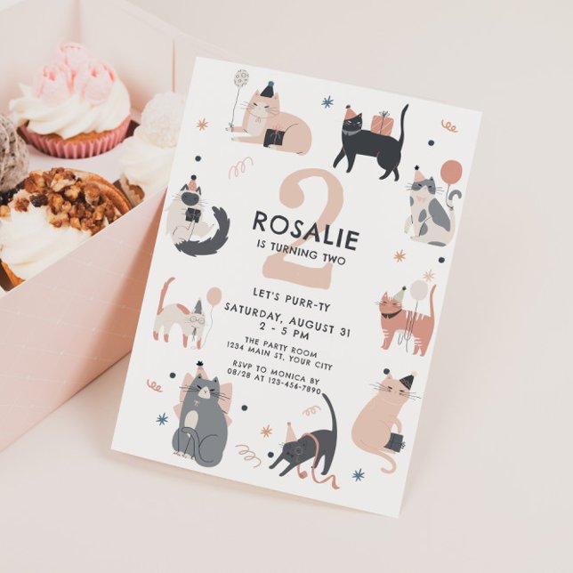 Girls Second Birthday Pink Cat  Invitation (Girls Cat Themed Birthday Invite)