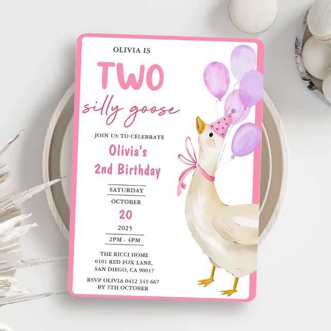 Girls Silly Goose 2nd Birthday Party Invitation (Creator Uploaded)
