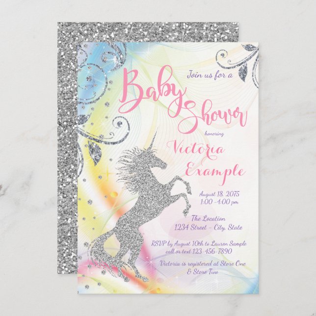 Girls Silver Unicorn Baby Shower Invitations (Front/Back)