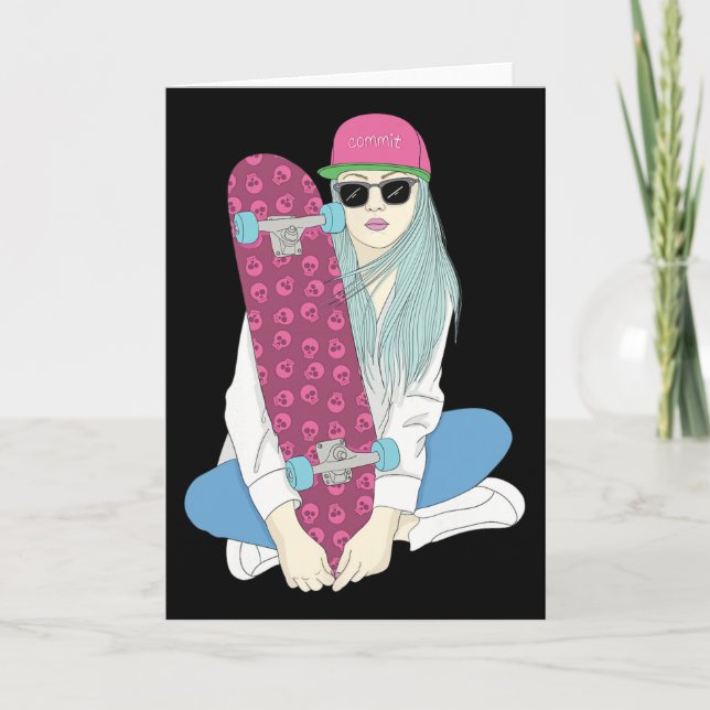 Girls Skate Skateboard Skateboarding Do A Kickflip Card (Front)