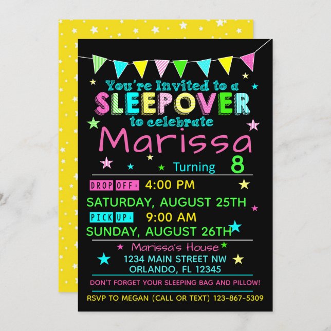 Girls Sleepover Birthday Invitation Slumber Party (Front/Back)