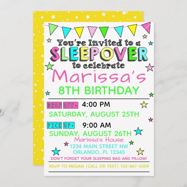 Girls Sleepover Birthday Invitation Slumber Party (Front/Back)