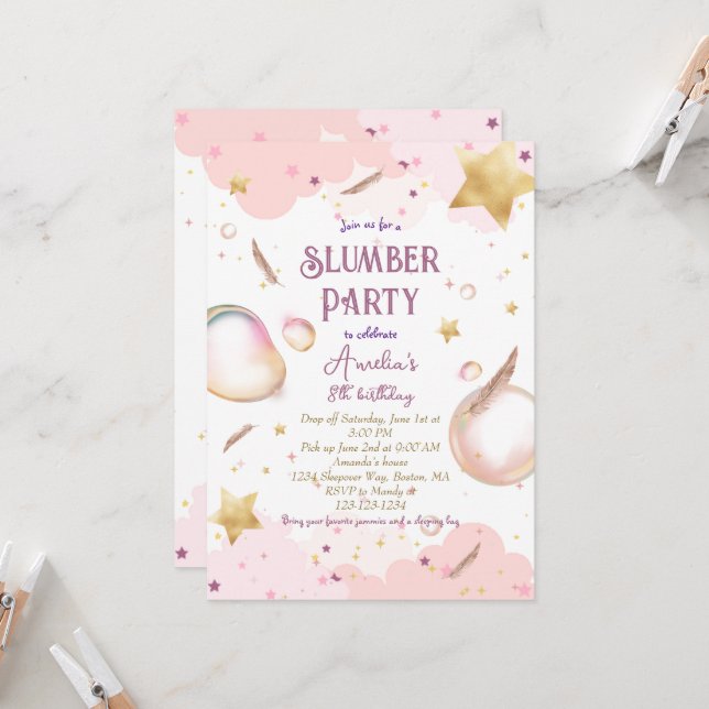 Girls Sleepover Pastel Pink Slumber Birthday Party Invitation (Front/Back In Situ)