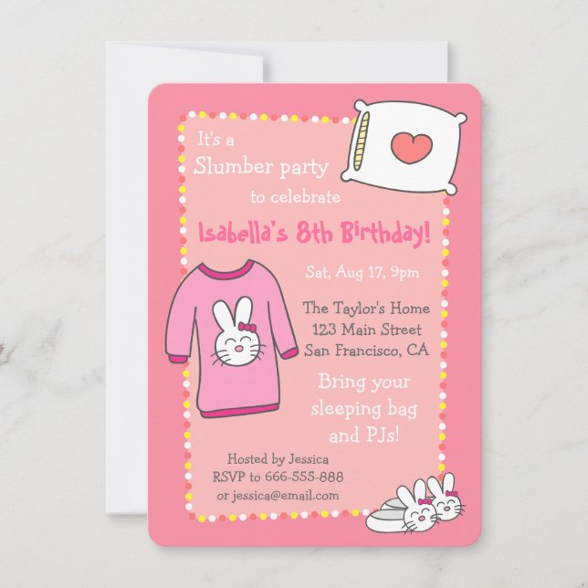 Girls Slumber Birthday Party, Sleepover Pyjama Invitation (Front)