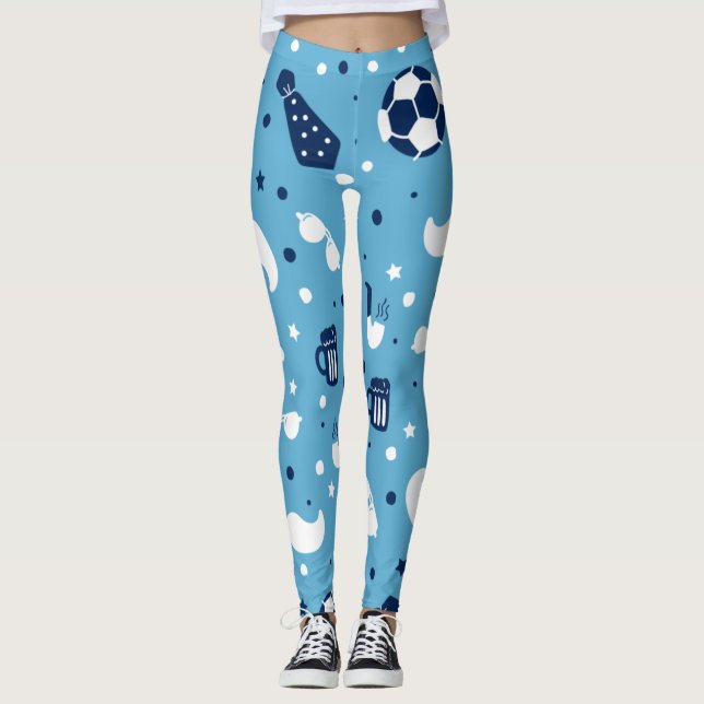 Girls Soccer Aqua Blue Ball Star Pattern Colourful Leggings (Front)