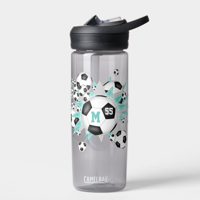 girls soccer ball blowout light teal grey stars water bottle (Left)