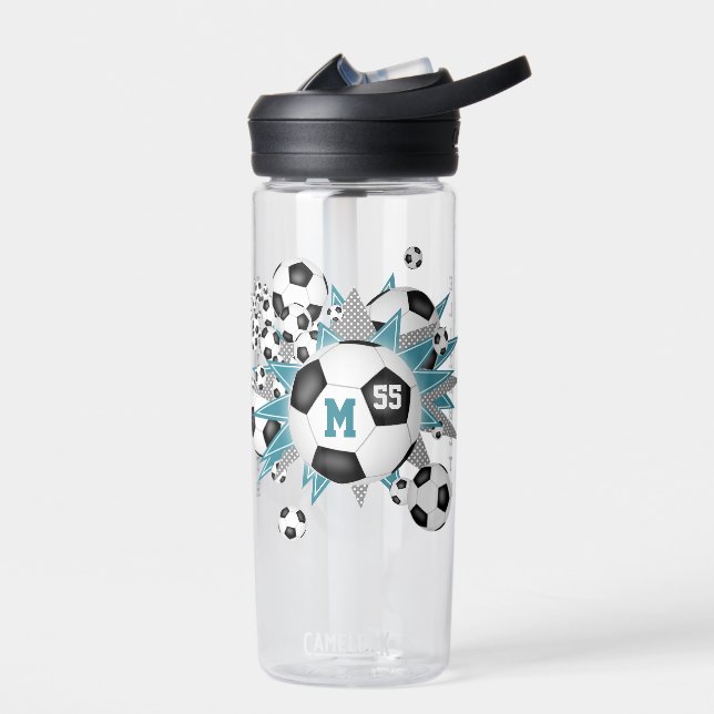 girls soccer ball blowout teal grey stars water bottle (Left)