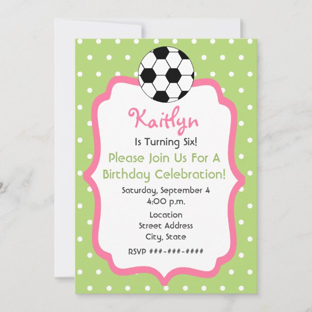 Girl's Soccer Birthday Party Invitation (Front)