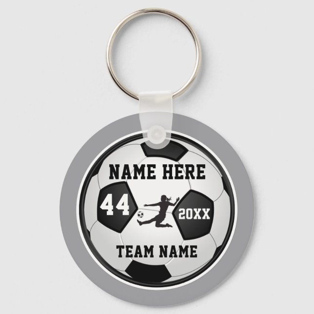Girls Soccer Party Favors, Gray, Black and White Key Ring (Front)