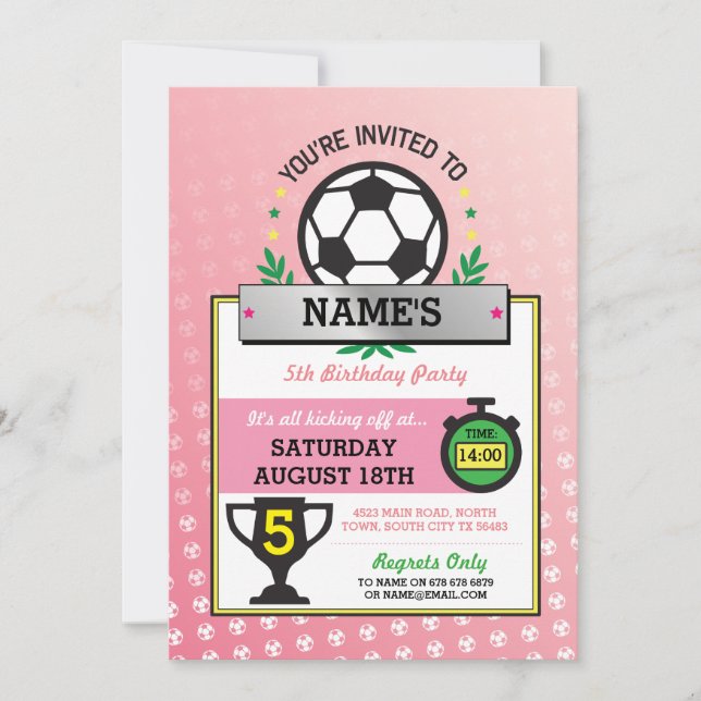 Girls Soccer Party Sports Birthday Pink Invites (Front)