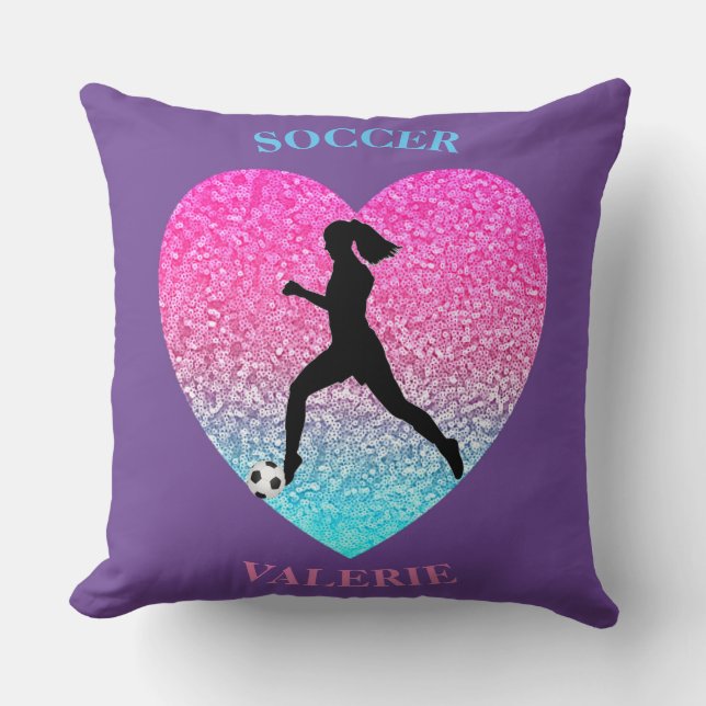 Girls Soccer Personalised Purple Throw Pillow (Front)