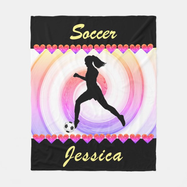 Girls Soccer Rainbow Swirls and Glitter Hearts Fleece Blanket (Front)