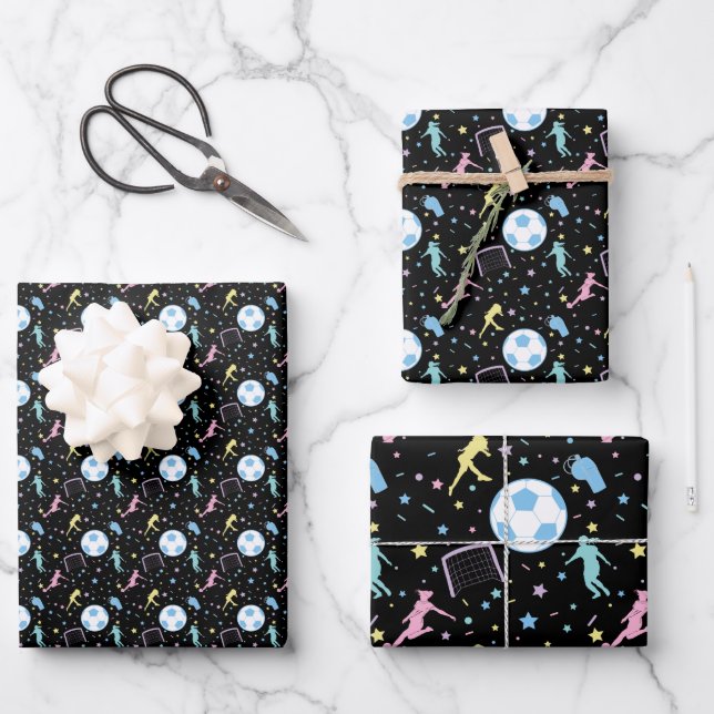 Girls Soccer Silhouettes Stars and Sparkles Wrapping Paper Sheet (Front)