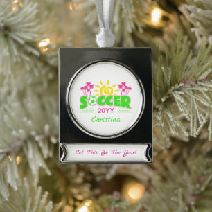 Girls Soccer Sunshine Palm Trees Silver Plated Banner Ornament