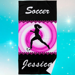 Girls Soccer Swirls and Glitter Hearts   Beach Towel