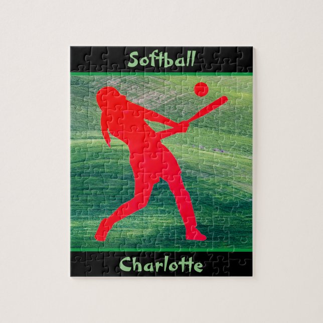 Girls Softball Batter Up on Green Jigsaw Puzzle (Vertical)