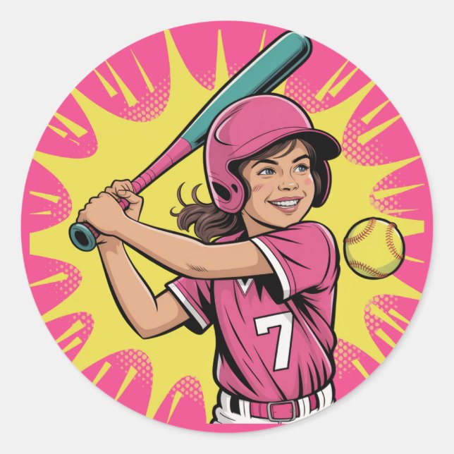 Girls Softball Birthday Party Classic Round Sticker (Front)