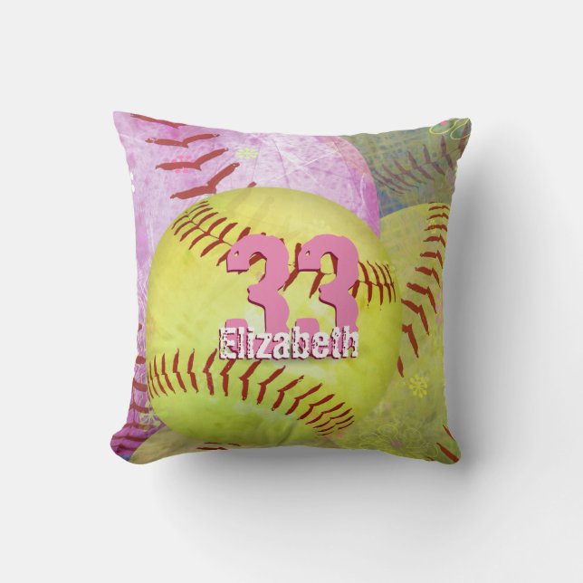 Girls' Softball bright yellow and pink Cushion (Front)