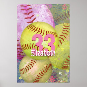 Girl's Softball grungy pink yellow Poster