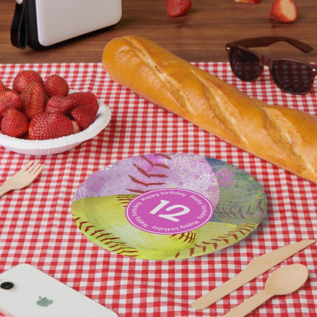 Girls softball party personalised paper plate (Picnic)