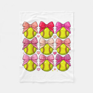 Girls Softball Pink Coquette Bow Softball Vibes Fleece Blanket