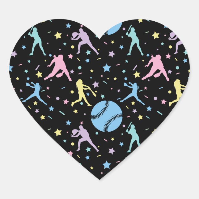 Girls Softball - Women Players with Stars Heart Sticker (Front)