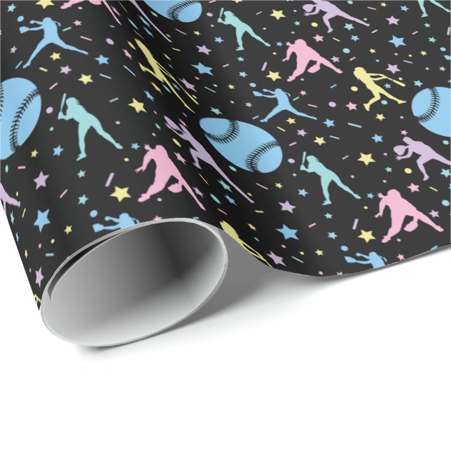 Girls Softball - Women Players with Stars Wrapping Paper (Roll Corner)