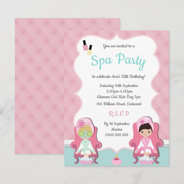 Girls Spa Invite Pamper party Make up invitation (Front/Back)