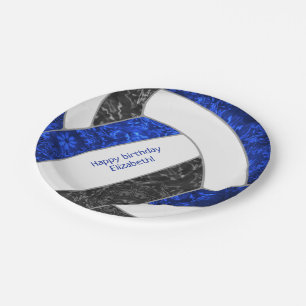 girl's sports birthday party blue black volleyball paper plate